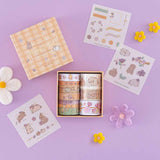 Tsuki Bunny Blush Washi Tape Set designed with Blossom Bujo with free stickers sheets with felt flowers on lilac background