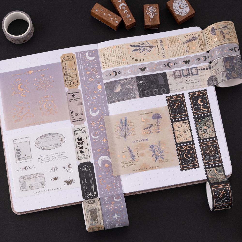 Tsuki ‘Moonlit Alchemy’ Washi Tape Set swatch on white page bullet journal