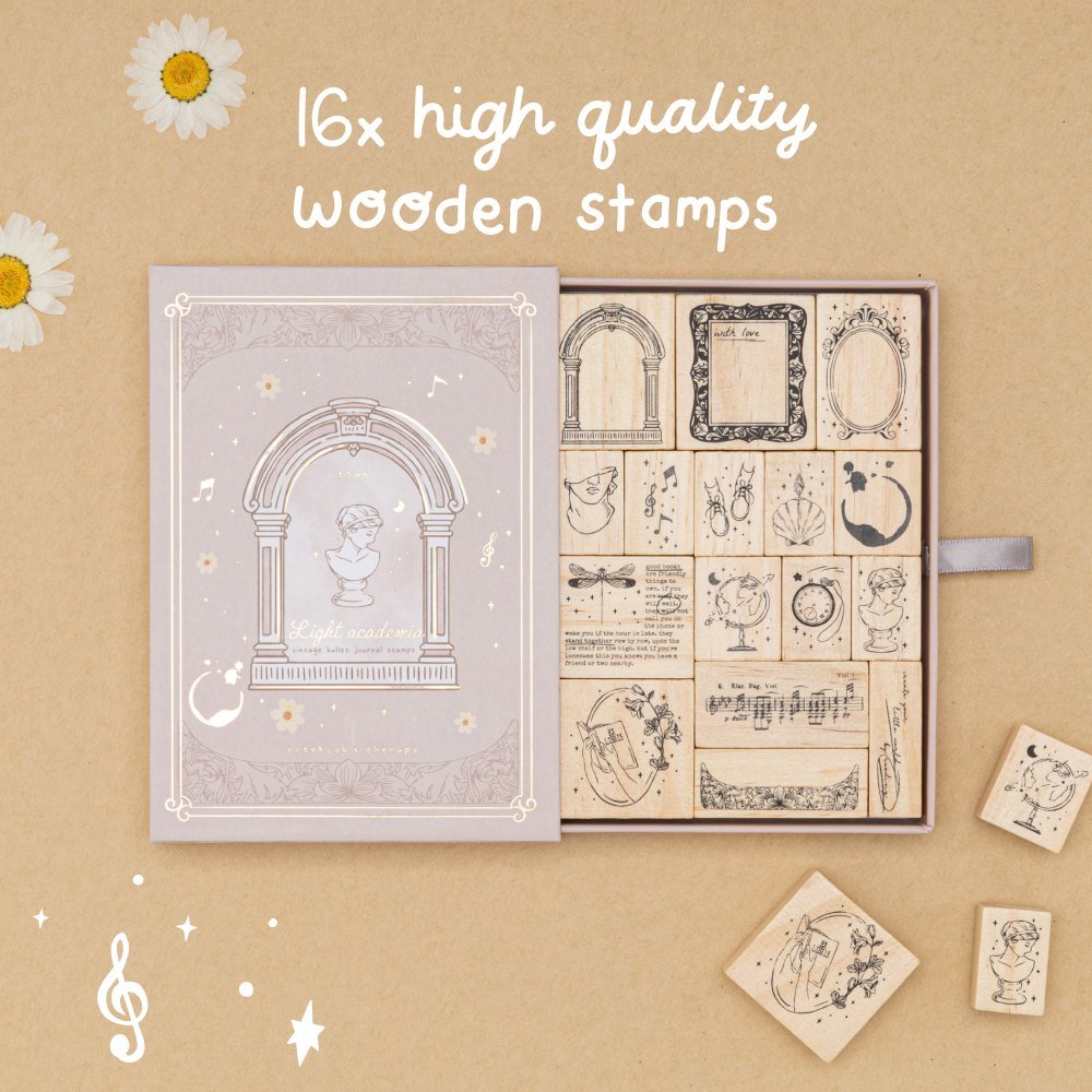Opened Light Academia stamp set with “16x high quality wooden stamps” lettered in white