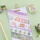 Tsuki ‘Enchanted Garden’ Washi Tape Set swatch on card with gold clip on sage green background with purple flower decoration