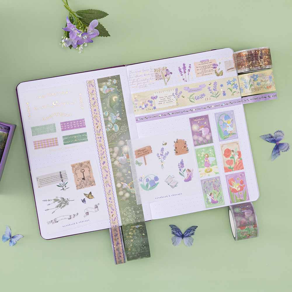 Tsuki ‘Enchanted Garden’ Washi Tape Set swatch on dotted bullet journal on sage green background with purple flower decoration