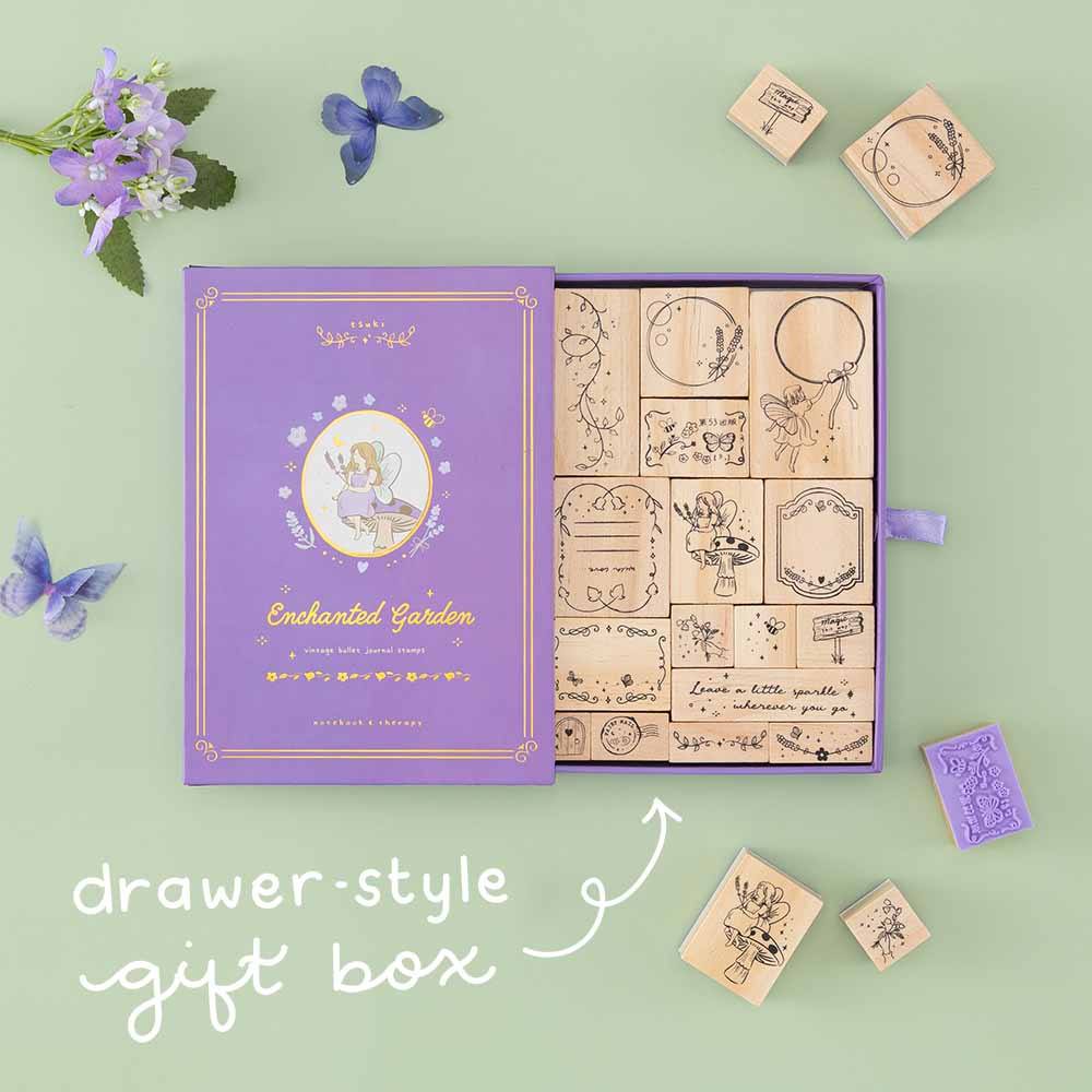 Tsuki ‘Enchanted Garden’ Stamp Set purple drawer style gift box