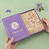 Tsuki ‘Enchanted Garden’ Stamp Set on sage green background with purple flower decoration