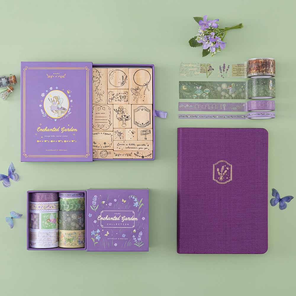 Tsuki ‘Enchanted Garden’ Collection Photo on sage green background with purple flower decoration