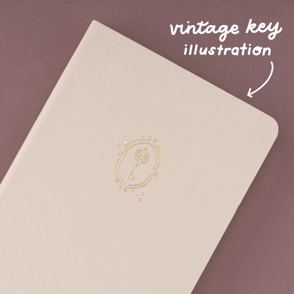 Vintage Key illustration in gold foil on cream linen notebook cover