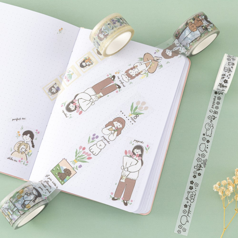 Tsuki ‘Happy Day’ washi tape on white dotted bullet journal pages