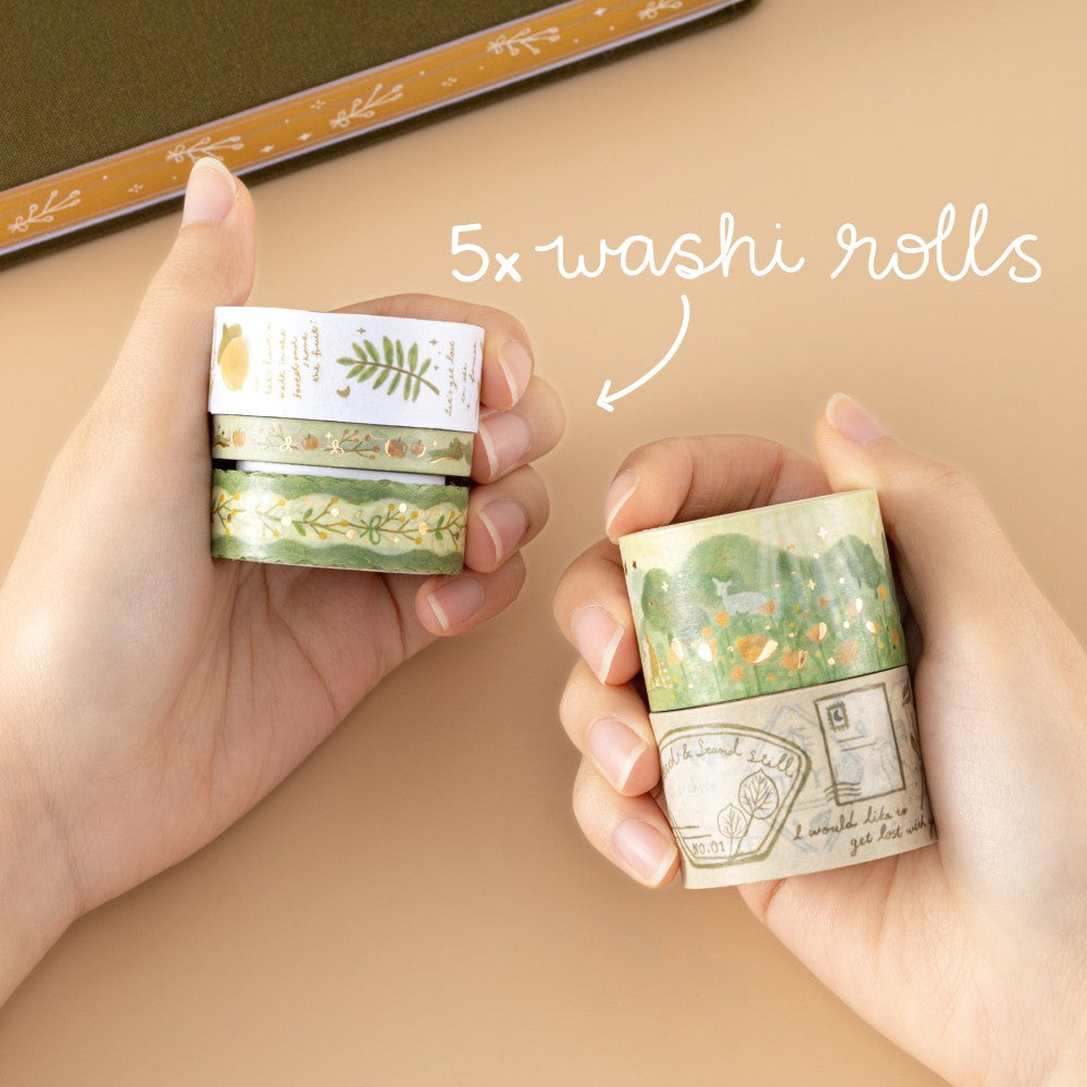 Hands holding 5x washi rolls