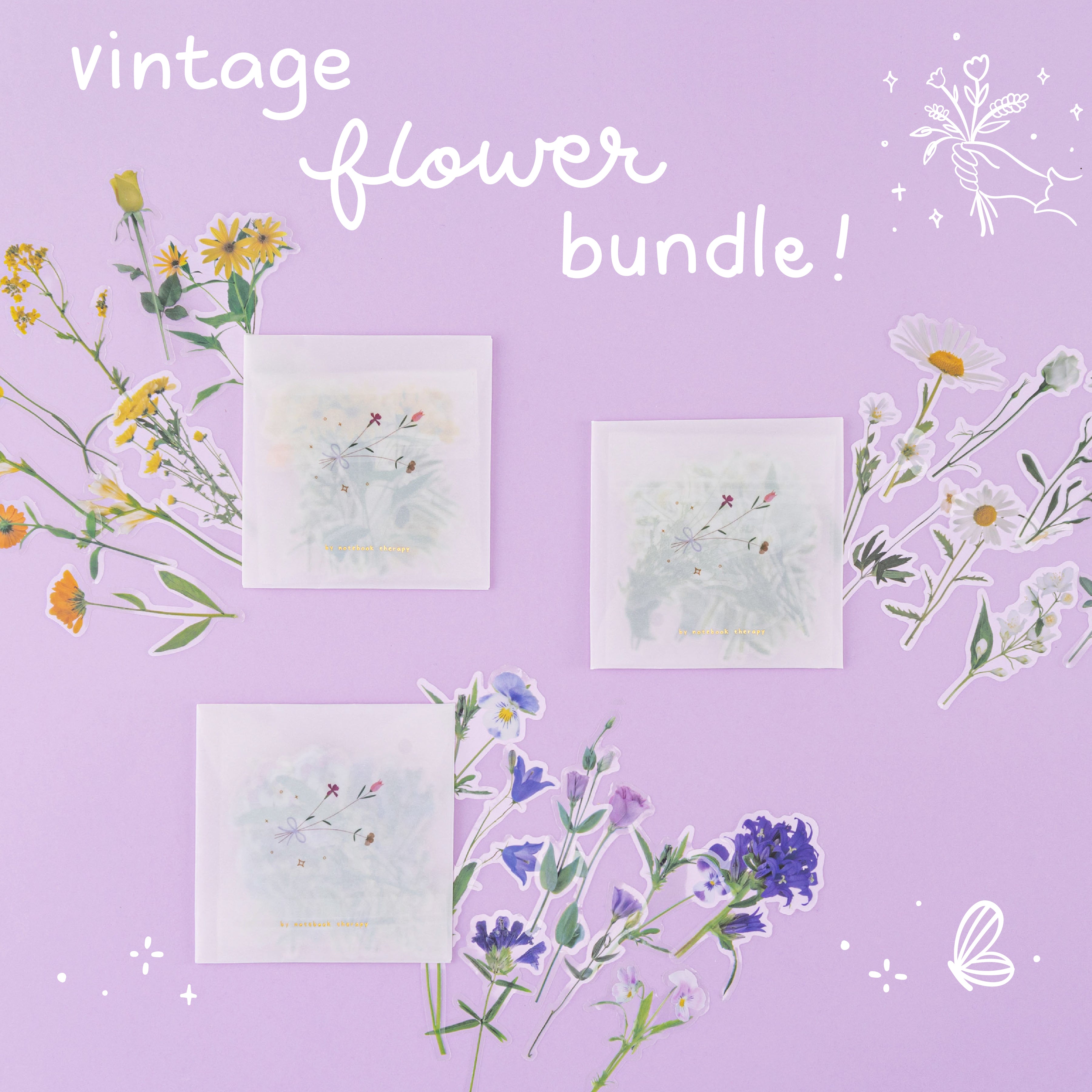 3 packs of pressed flower stickers with lettering “vintage flower bundle” on purple background