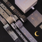 Tsuki ‘Moonlit Alchemy’ die cut washi tape with butterflies and moon icons and rose gold foil on black background