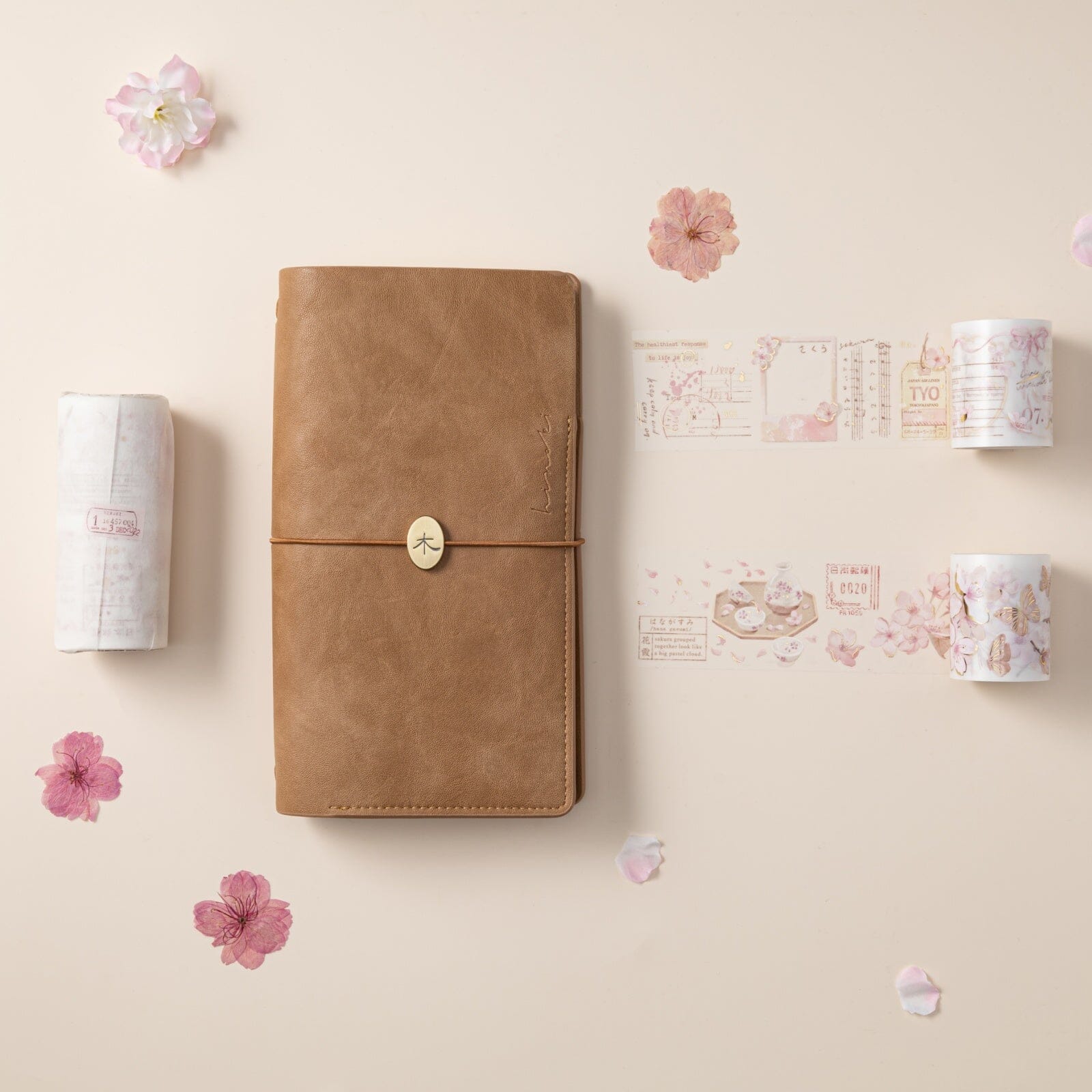 Hinoki Travel Notebook flatlay with Hinoki into the blossom washi tapes