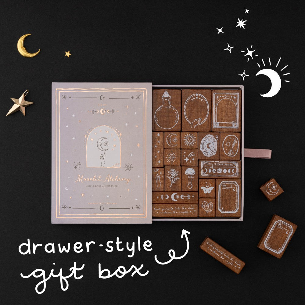 Opened Tsuki ‘Moonlit Alchemy’ stamps and text that says “drawer-style gift box”