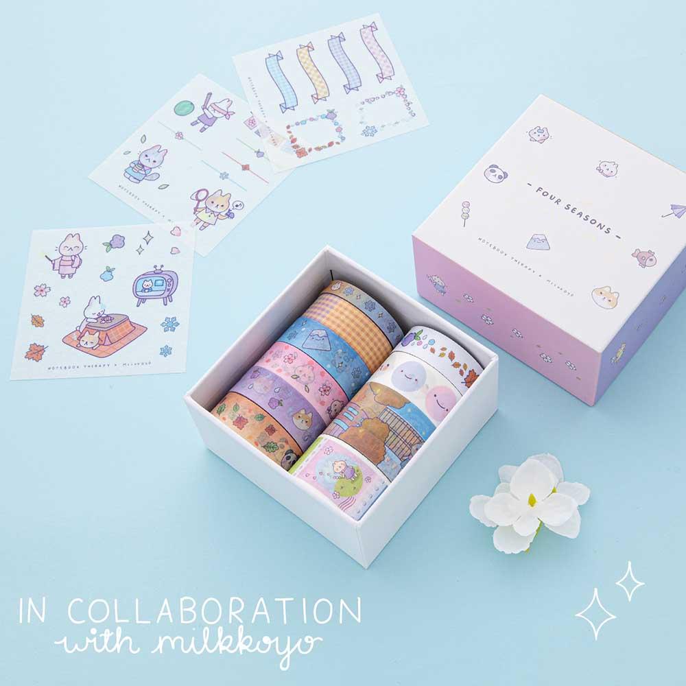 Tsuki ‘Four Seasons’ Washi Tape Set by Notebook Therapy in collaboration with Milkkoyo with three free stickers sheets with white flower on light blue background
