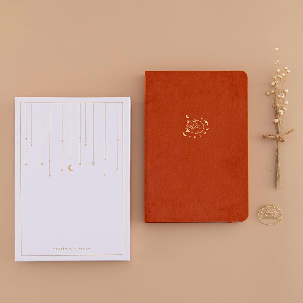 Tsuki ‘Kitsune’ Limited Edition Fox Bullet Journal with eco-friendly gift box and free paperclip gift with dried flowers on beige background