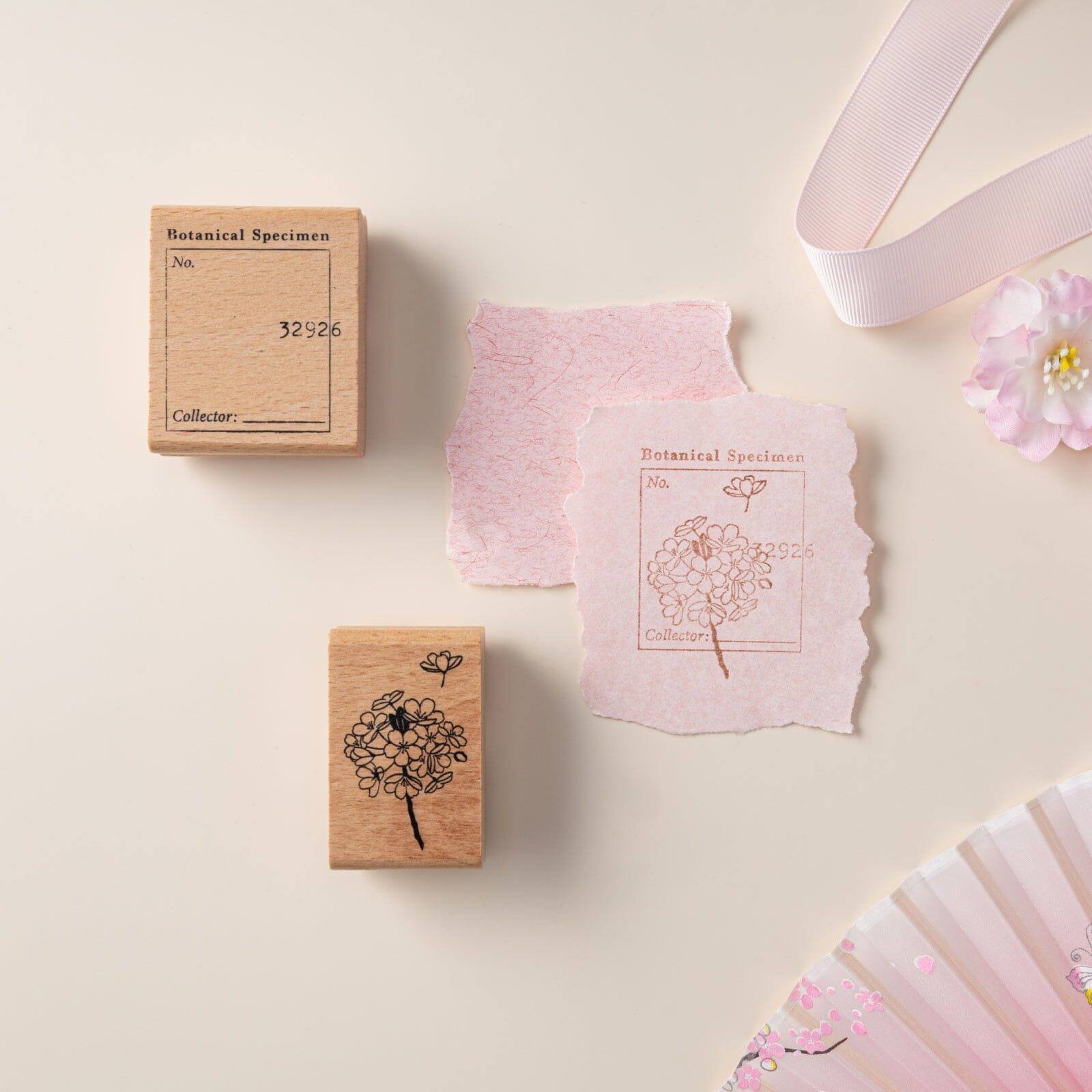 Botanical specimen stamp on pink paper with cherry blossom stamp inside the frame