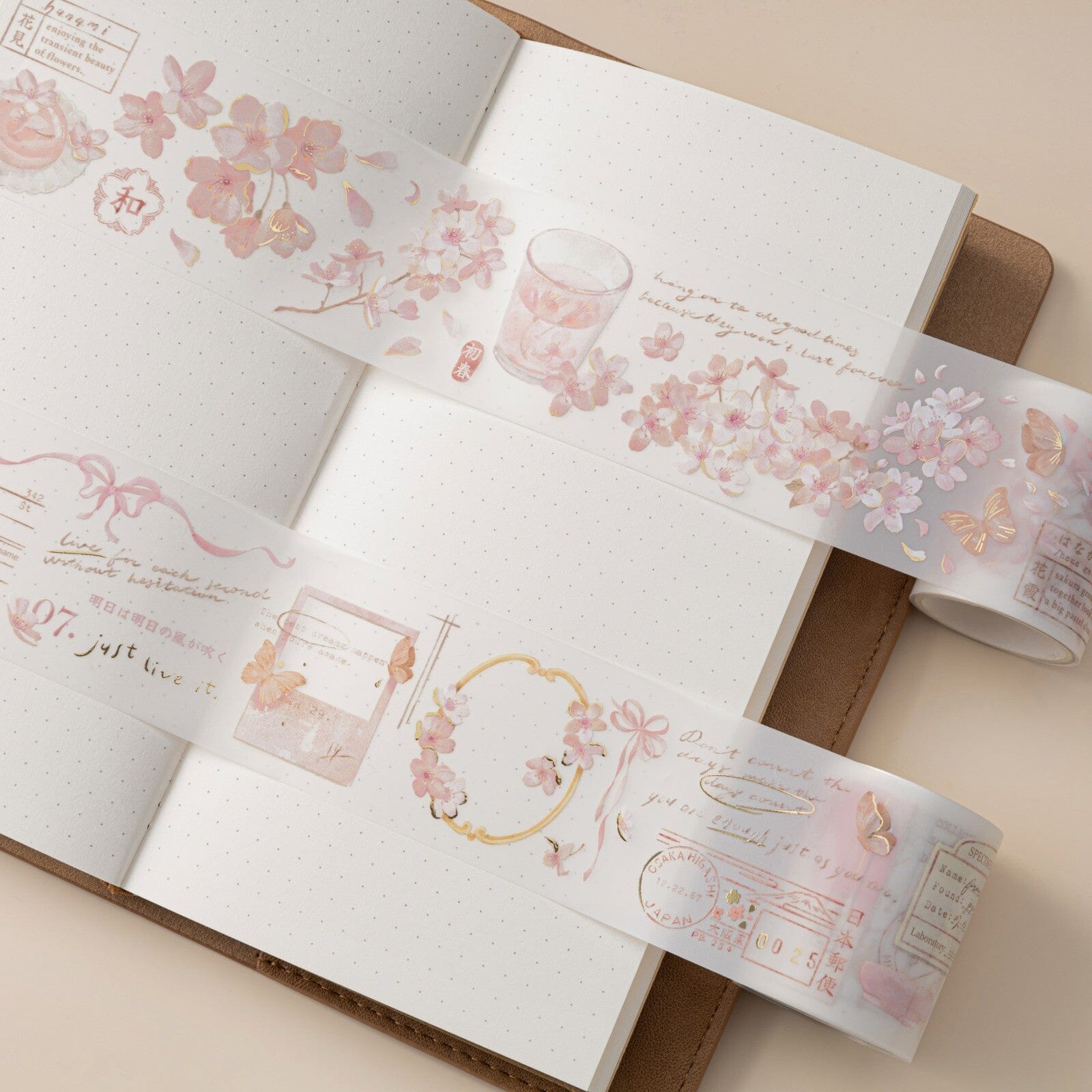 Close up of 2 hinoki into the blossom tapes on grid paper