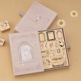 Opened drawer style gift box of Light Academia bullet journal stamps