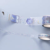 Close up of matte transparent Tsuki ‘Dreams of Snow’ Holographic Washi Tapes on light blue background