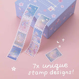 Tsuki ‘Sakura Journey’ Stamp Washi Tape with seven unique stamp designs on light pink background