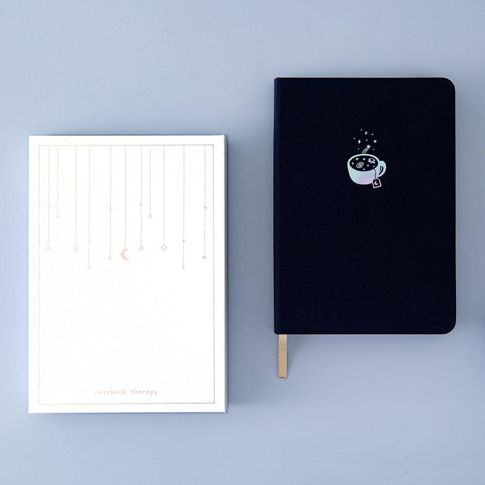 Tsuki ‘Cup of Galaxy’ Limited Edition Holographic Bullet Journal with luxury eco-friendly gift box packaging on light blue background