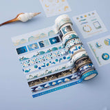 Tsuki Ocean Edition Washi Tapes and sticker sheet set with seashell on blue background