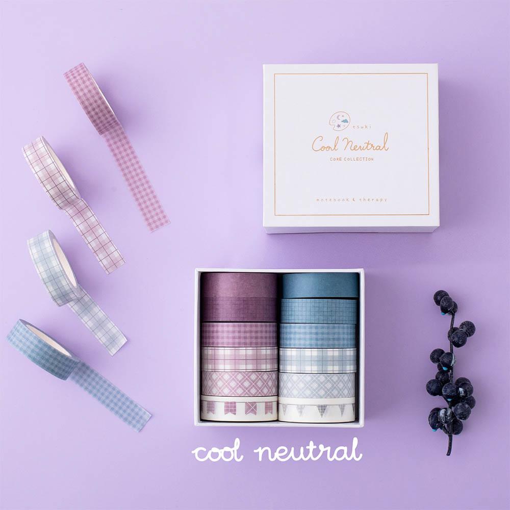 Tsuki Core Washi Tape Set in Cool Neutral with luxury eco-friendly gift box packaging and flowers on lilac background