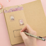 Hand writing on postcard stamp on Tsuki ‘Sakura Breeze’ Kraft Paper Travel Notebook