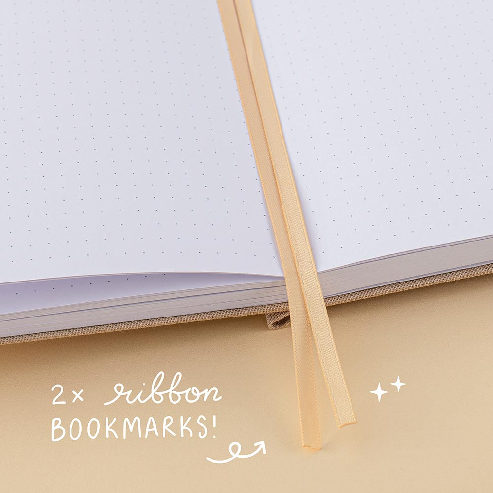 Bullet journal ribbon bookmarks on yellow background with words 2x ribbon bookmarks