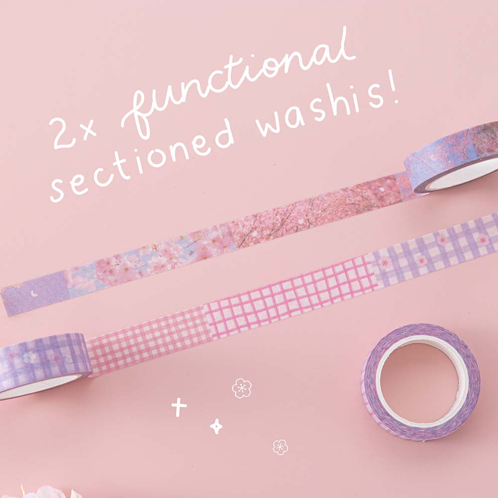 Two Tsuki ‘Sakura Journey’ functional sectioned washi tapes rolled out on light pink background