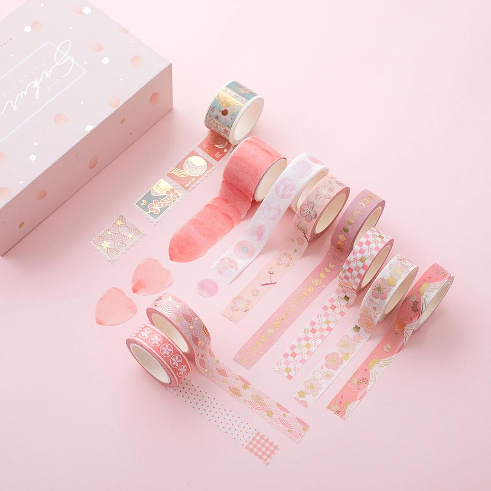 Tsuki 'Sakura Edition' Washi Tape Set rolled out on light pink background
