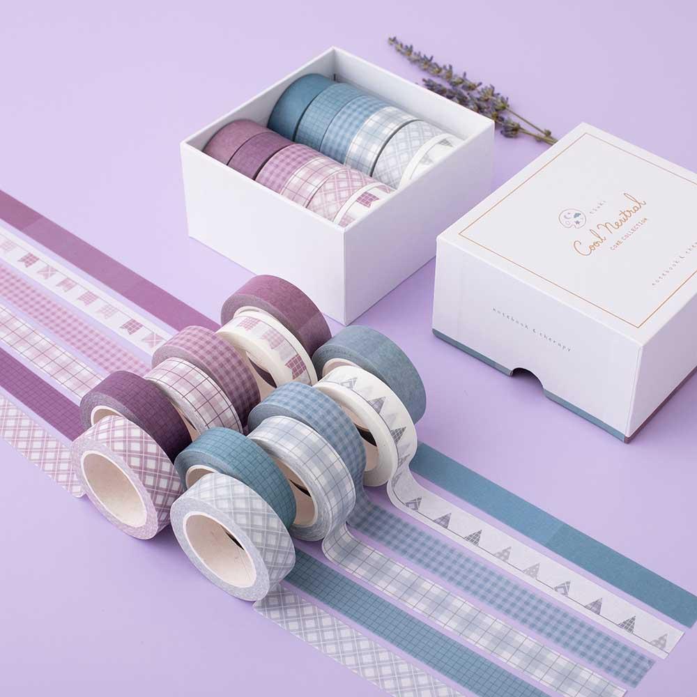 Tsuki Core Washi Tape Set in Cool Neutral with luxury eco-friendly gift box packaging and lavender flowers at an angle on lilac background