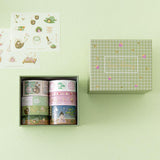 Tsuki ‘Matcha Ichigo’ Washi Tape Set with free sticker sheets on matcha green background