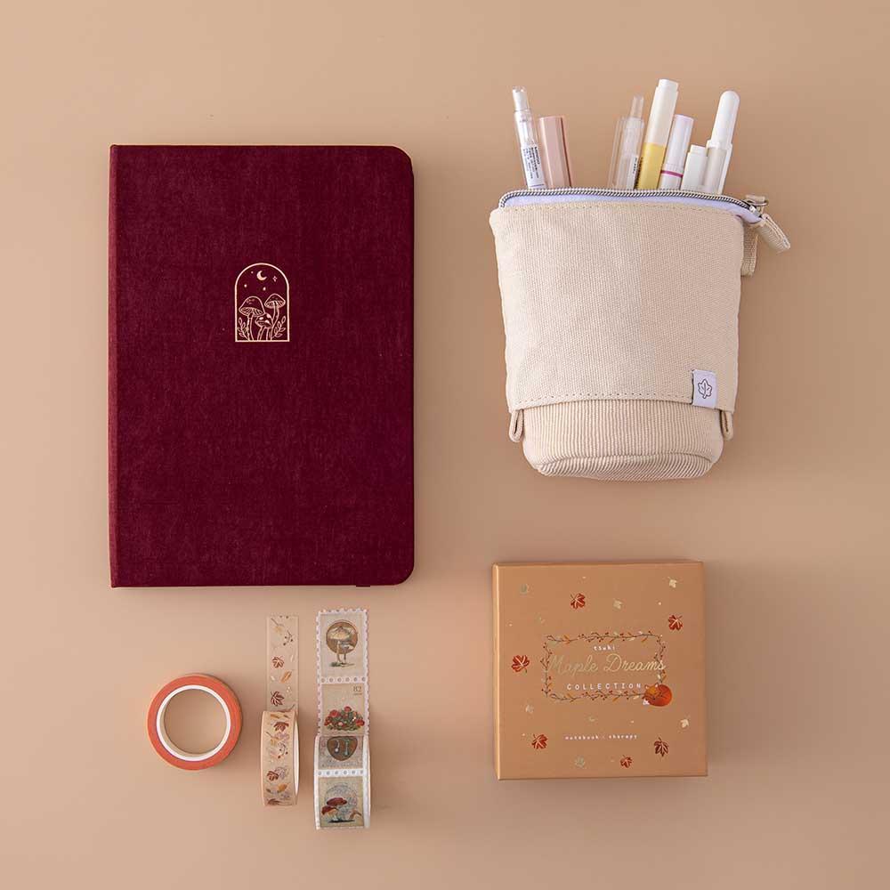 Tsuki ‘Kinoko’ Limited Edition Bullet Journal with Tsuki ‘Maple Dreams’ Washi Tape Set and Tsuki ‘Maple Dreams’ Pop-Up Pencil Case in stone on beige background
