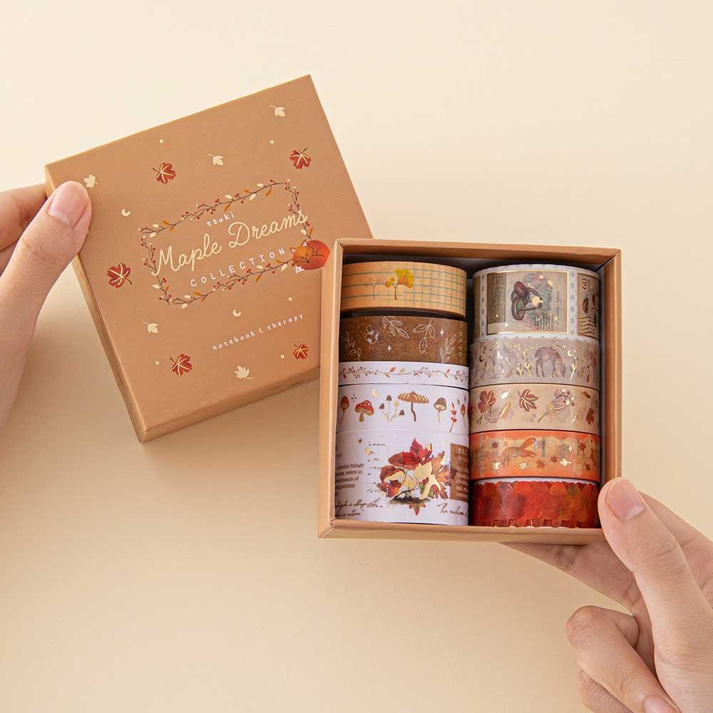 Tsuki ‘Maple Dreams’ Washi Tape Set with eco-friendly gift box packaging held in hands in cream background