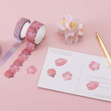 Tsuki ‘Sakura Journey’ Washi Tapes on white postcard with gold pen and cherry blossoms on light pink background