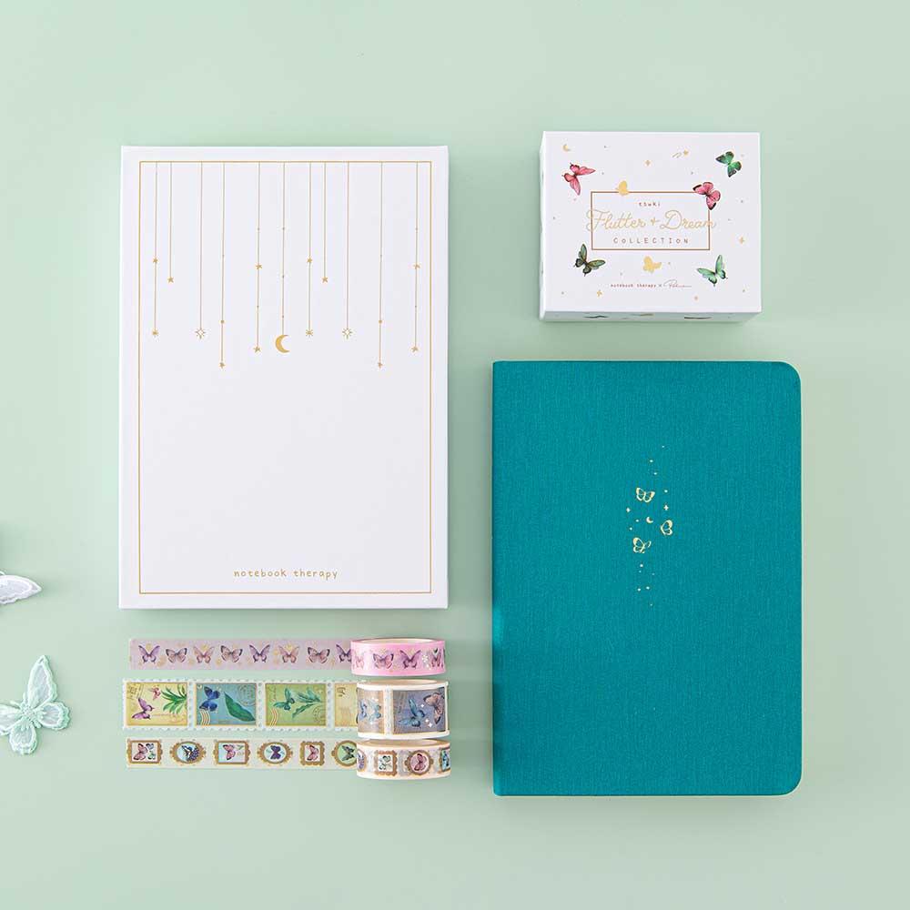 Tsuki Teal Sky ‘Flutter + Dream’ Limited Edition Bullet Journal by Notebook Therapy x Pelinkan with luxury eco-friendly gift box with Tsuki ‘Flutter + Dream’ Washi Tape Set by Notebook Therapy x Pelinkan on mint background