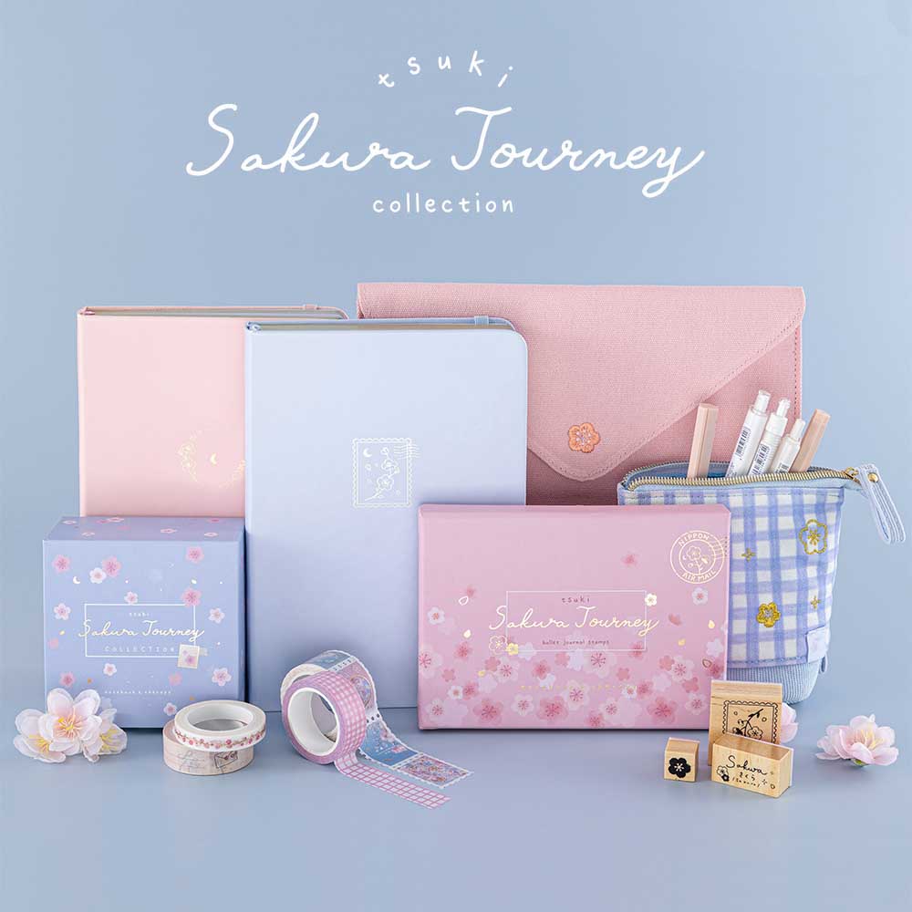 Tsuki Sakura Journey Collection with cherry blossoms in light blue background