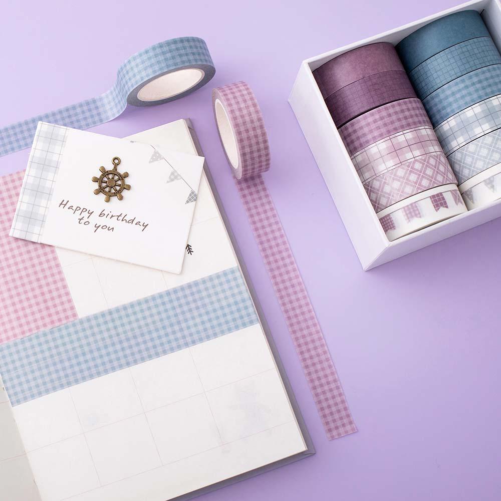 Tsuki Core Washi Tape Set in Cool Neutral on open bullet journal page with happy birthday card on lilac background