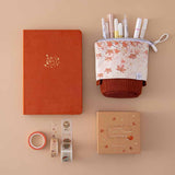 Tsuki ‘Kitsune’ Limited Edition Fox Bullet Journal with Tsuki ‘Maple Dreams’ Washi Tape Set and Tsuki ‘Maple Dreams’ Pop-Up Pencil Case in maple on beige background