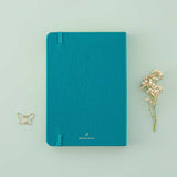 Back cover of Tsuki Teal Sky ‘Flutter + Dream’ Limited Edition Bullet Journal by Notebook Therapy x Pelinkan with free butterfly bookmark gift with free dried flowers on mint background