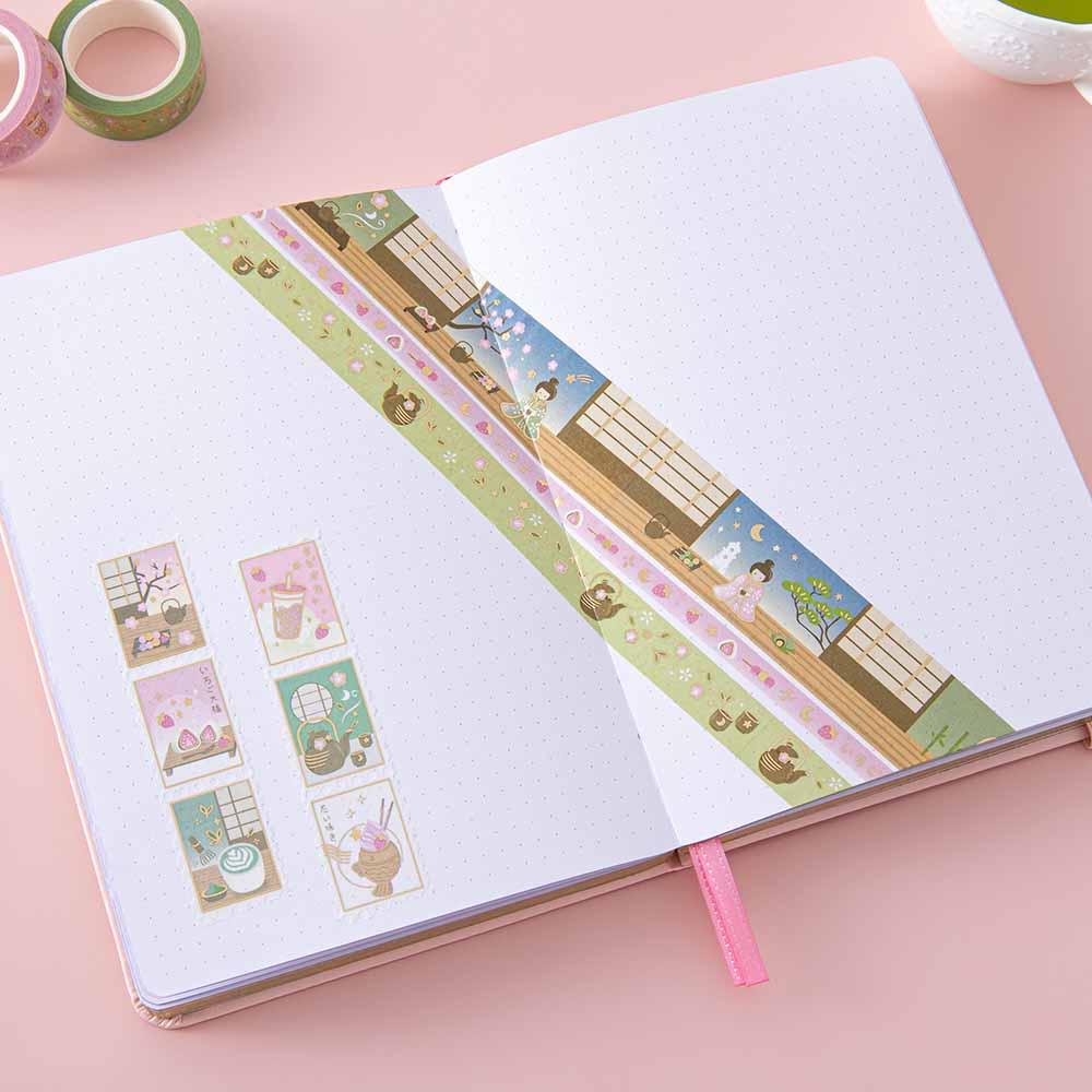 Tsuki ‘Matcha Ichigo’ Washi Tape Set on Tsuki ‘Ichigo’ Limited Edition Boba bullet journal pages with tea cup on light pink background