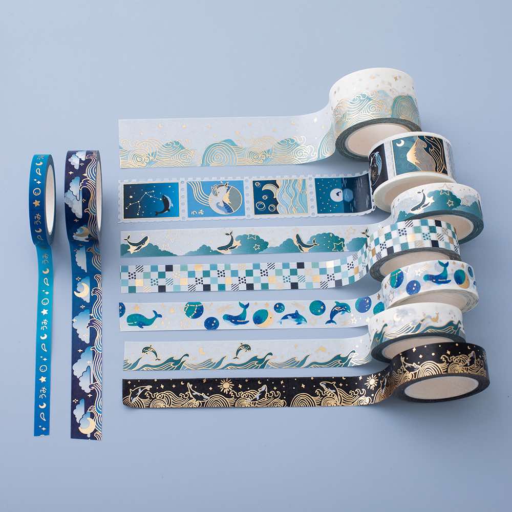 Tsuki Ocean Edition Washi Tapes ten piece set on blue background