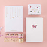 Tsuki Cloud White ‘Flutter + Dream’ Limited Edition Bullet Journal by Notebook Therapy x Pelinkan with luxury eco-friendly gift box with Tsuki ‘Flutter + Dream’ Washi Tape Set by Notebook Therapy x Pelinkan on pastel pink background