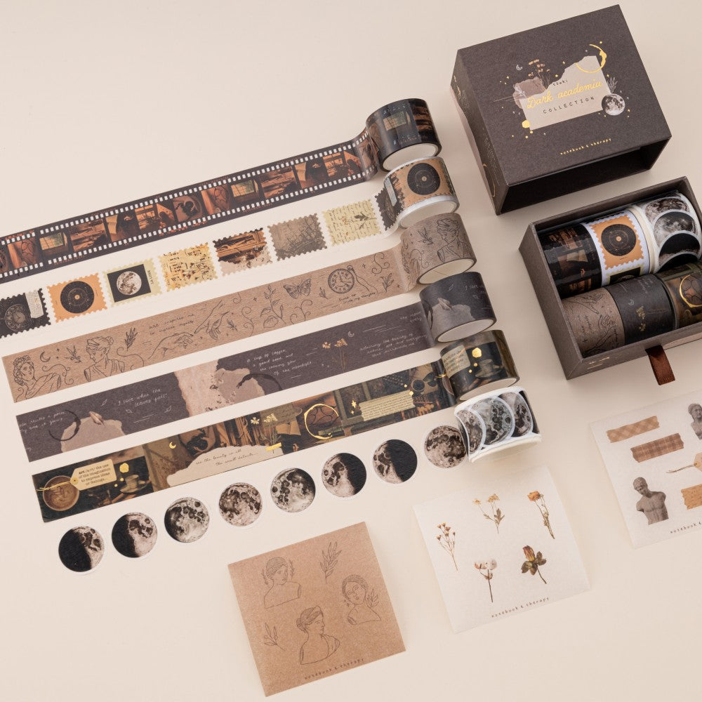 Tsuki Dark Academia collection including 6x washi tape rolls and 3x sticker sheets
