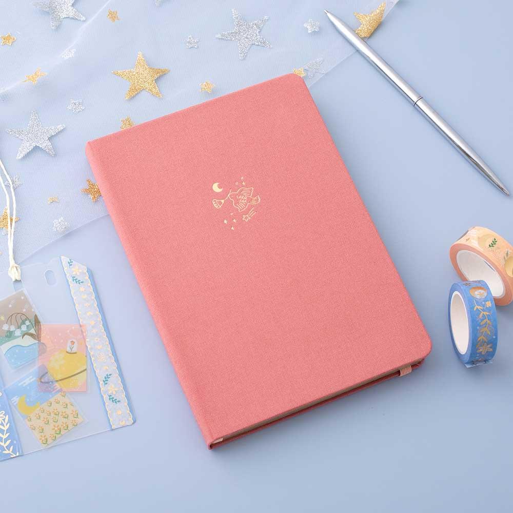 Tsuki ‘Suzume’ Limited Edition Bullet Journal with Tsuki ‘Moonflower’ Washi Set and pens and netting on lilac background