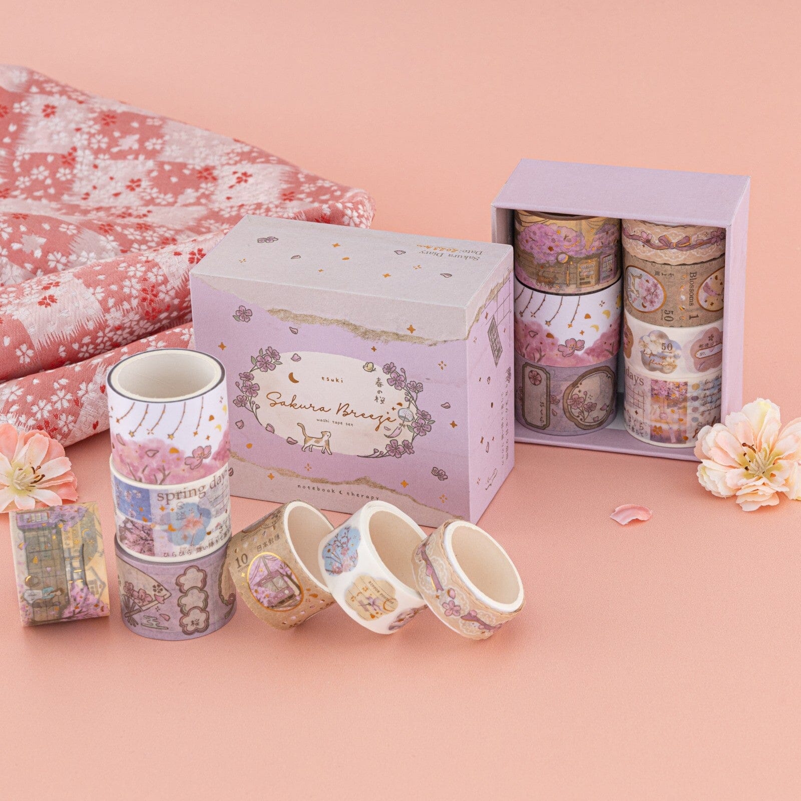 Box of sakura breeze washi tape set on pink table