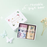 Tsuki ‘Flutter + Dream’ Washi Tape Set by Notebook Therapy x Pelinkan with reusable tsuki gift box with butterflies and dried flowers on mint background