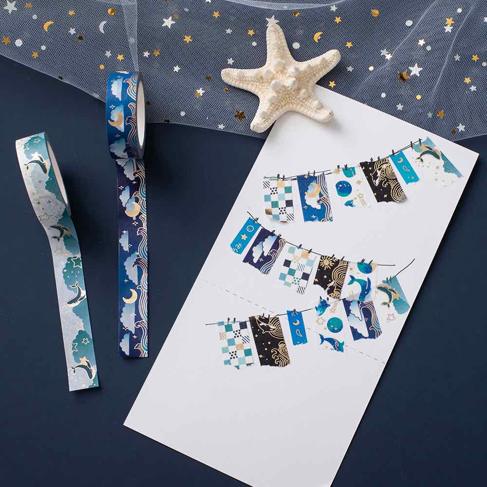 Tsuki Ocean Edition Washi Tapes on white card with starfish on dark blue background
