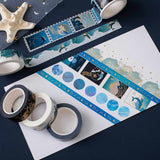 Tsuki Ocean Edition Washi Tapes with gold foil stamp washi and functional circle tape on white card with starfish on dark blue background