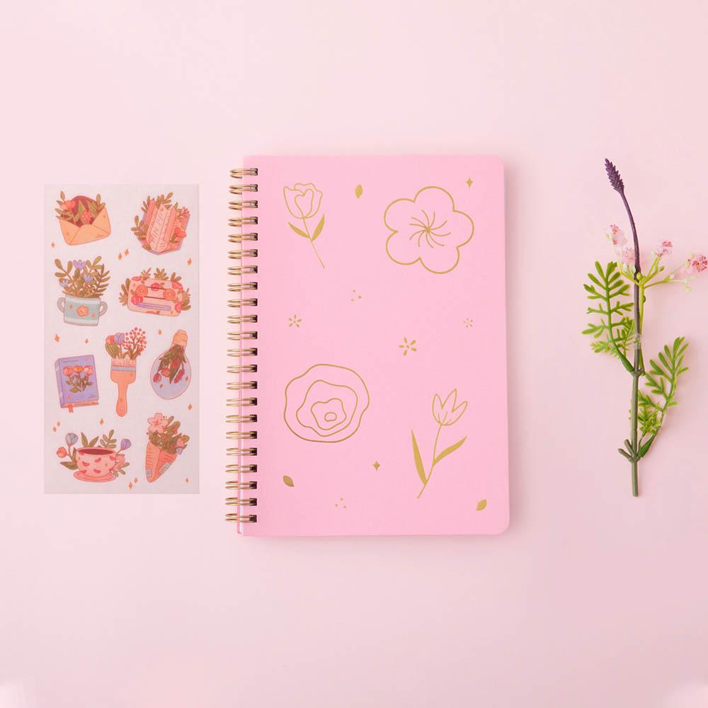 Sakura Pink Tsuki Floral ringbound bullet journal with free sticker sheet on pink background