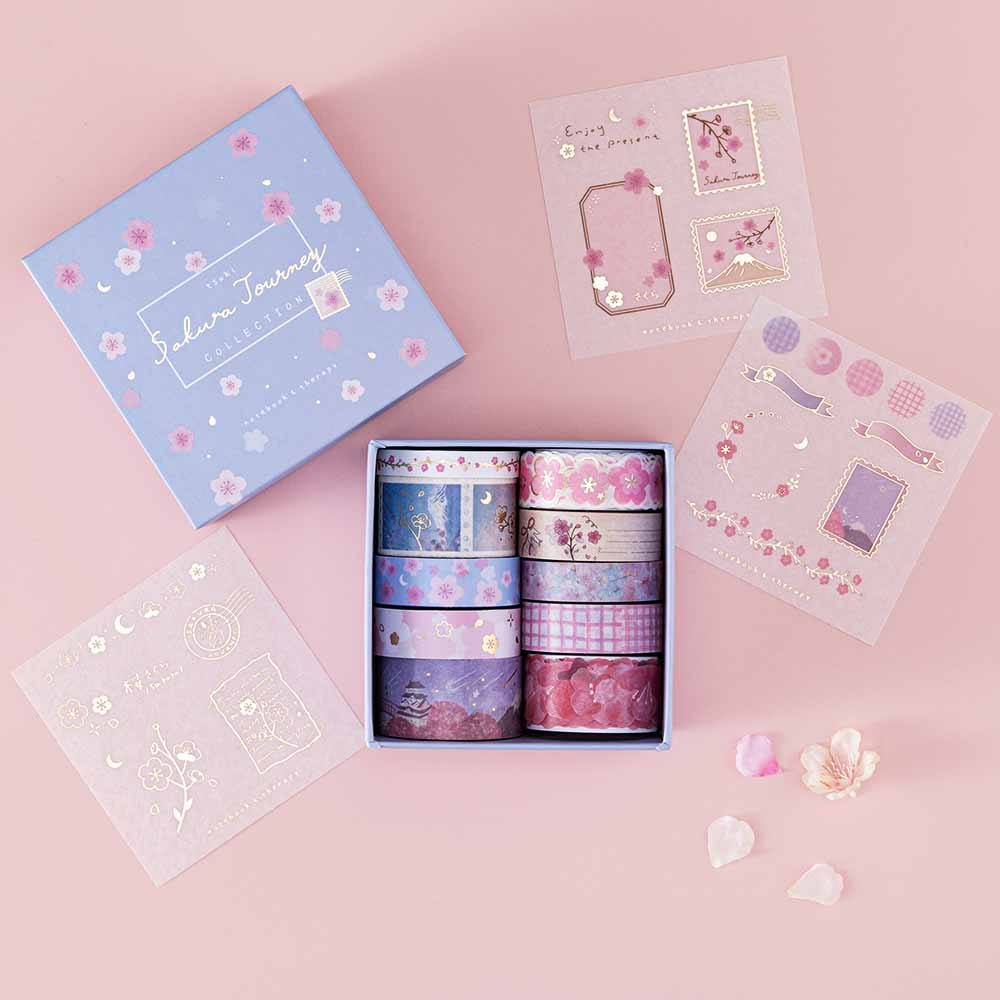 Tsuki ‘Sakura Journey’ Washi Tape Set with cherry blossoms on light pink background 